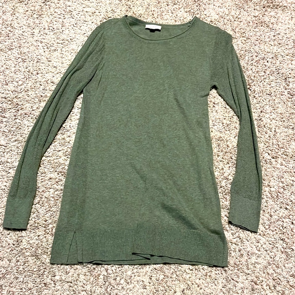 Loft long sleeve long sweater. Detail on arm sleeves and side seem